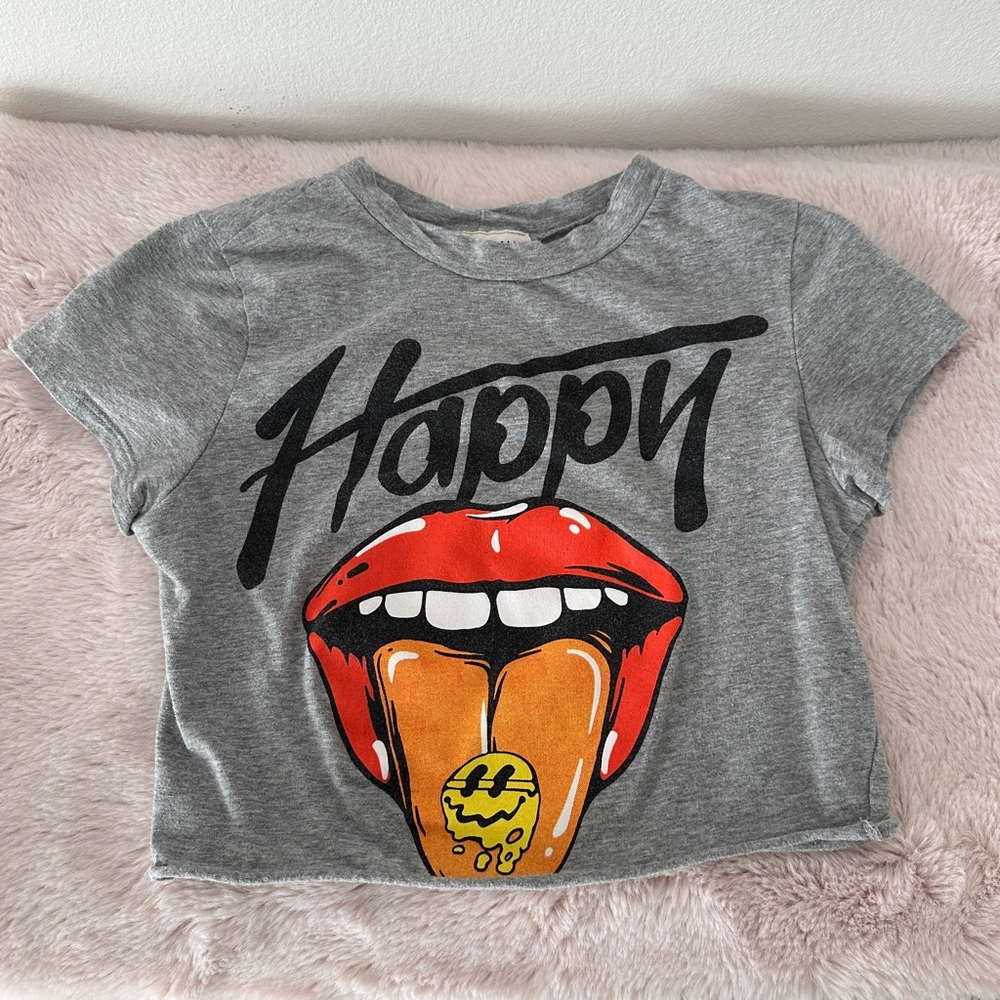 Gray Graphic Happy Cropped T-Shirt